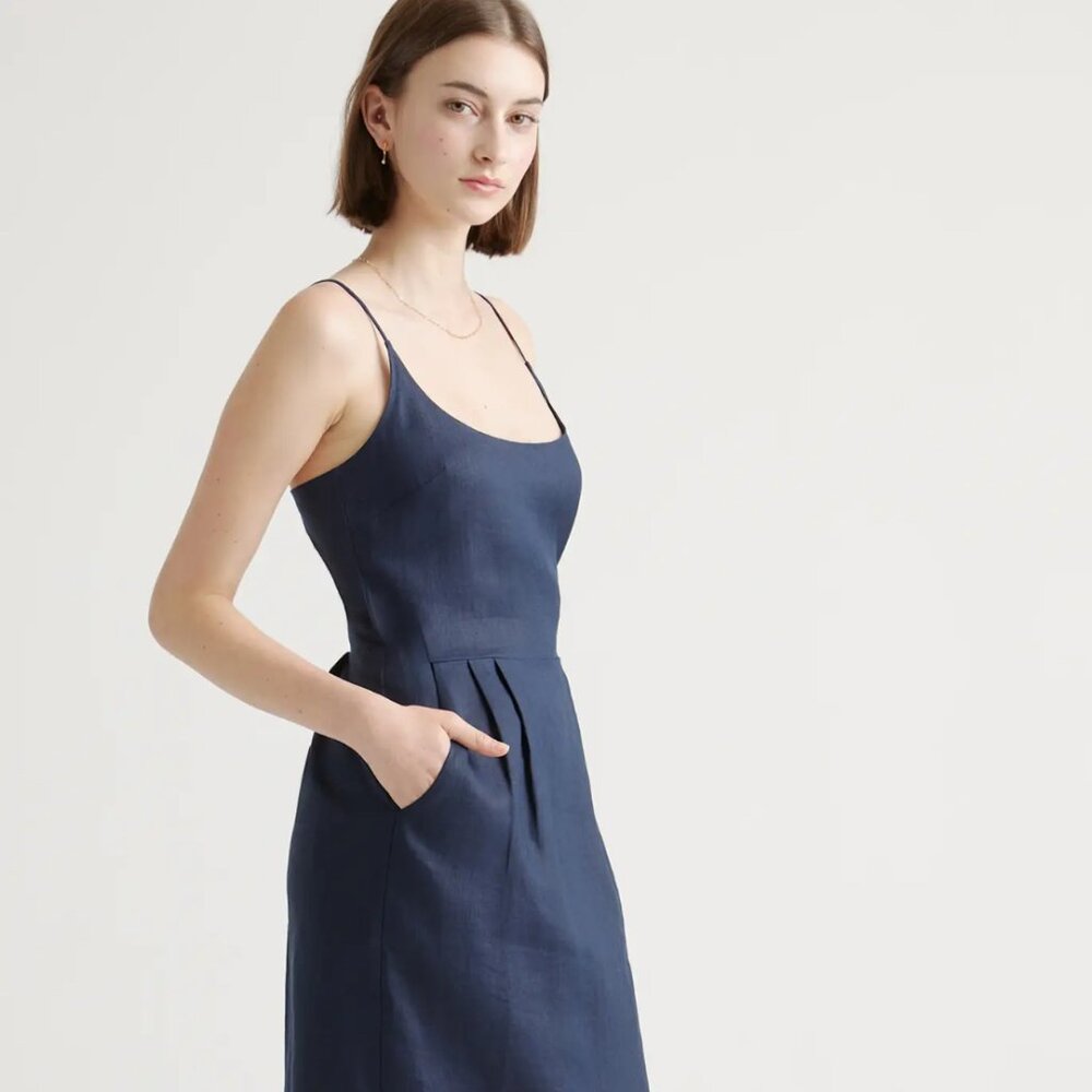 Quince XS Linen Scoop Neck Midi Dress — Navy